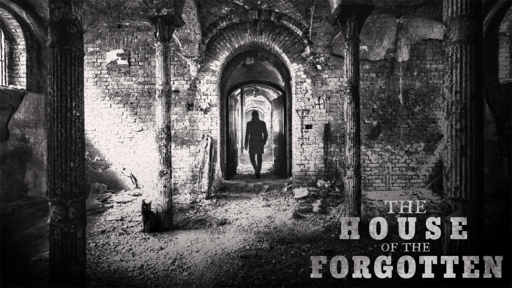 A man walks through a ruined building