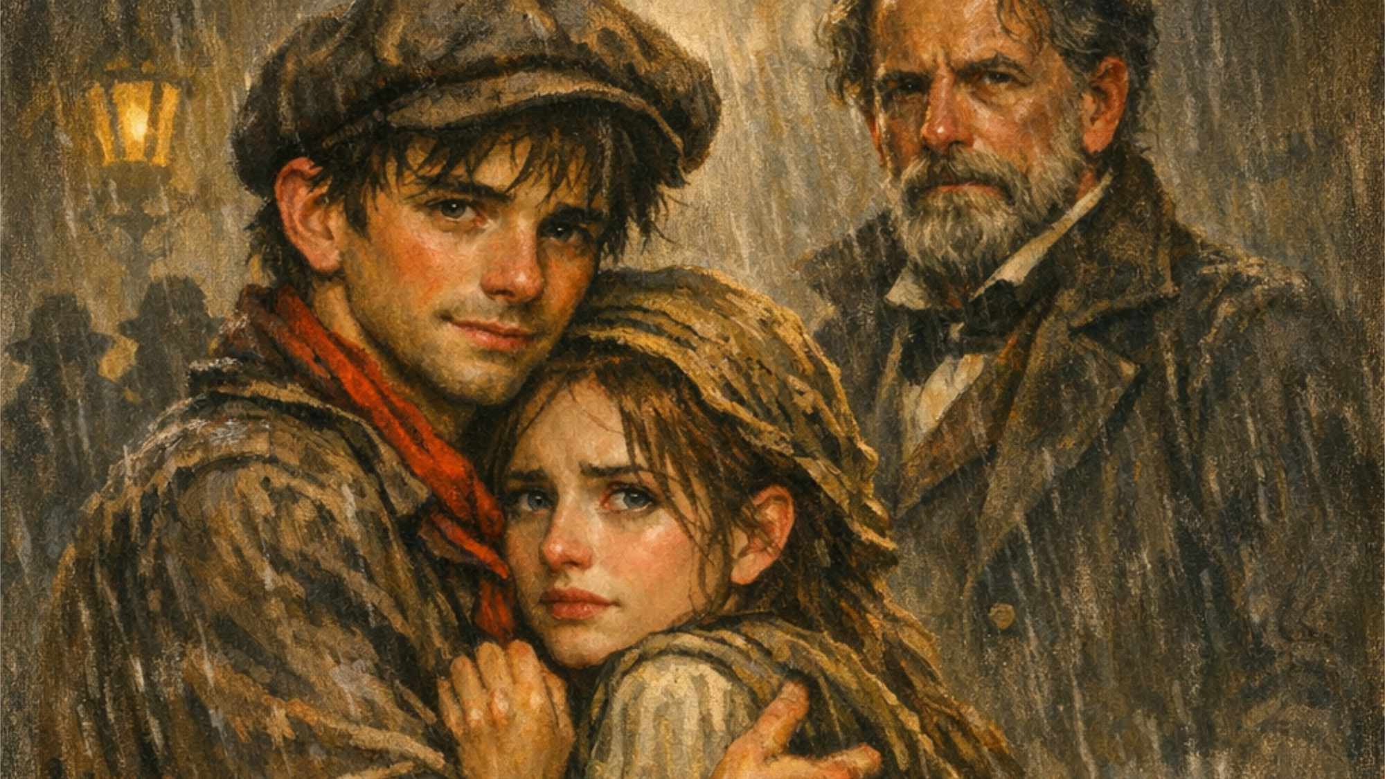 A boy and girl hug and the figure of Charles Dickens